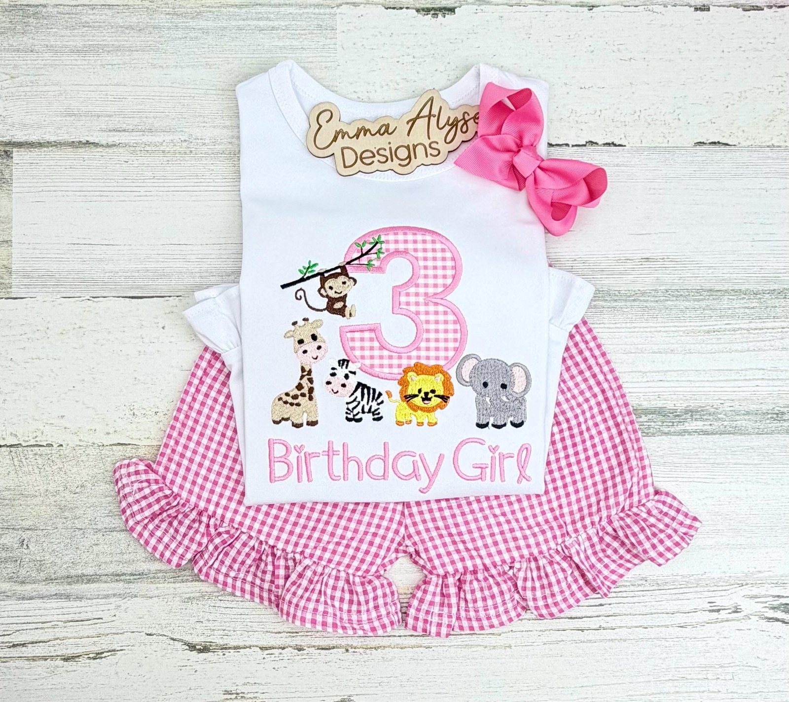 Personalized Zoo Animals Birthday Shirt, Embroidered Safari Party Outfit (Girls)