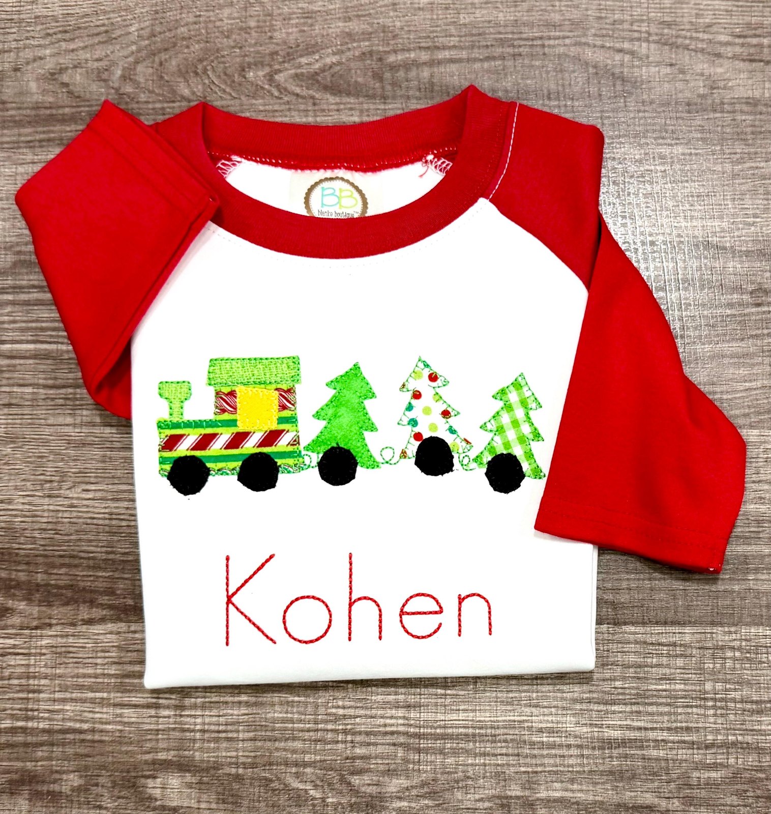 Boys Christmas Shirt Embroidered Train Wagon with Trees Personalized Holiday Tee Gift