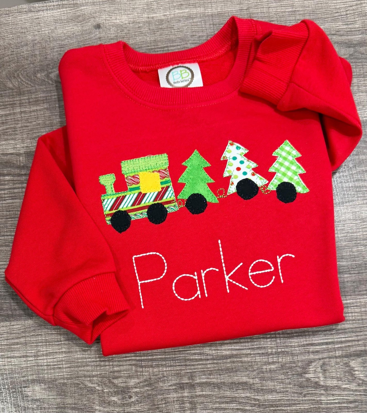 Boys Christmas Sweatshirt Embroidered Train Wagon with Trees Personalized Holiday Tee Gift