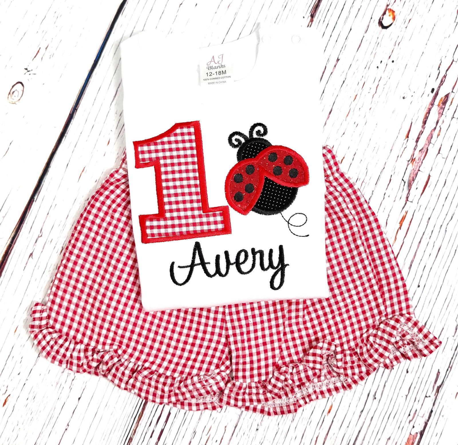 Personalized Embroidered Ladybug Birthday Outfit, Gingham Shorts Set