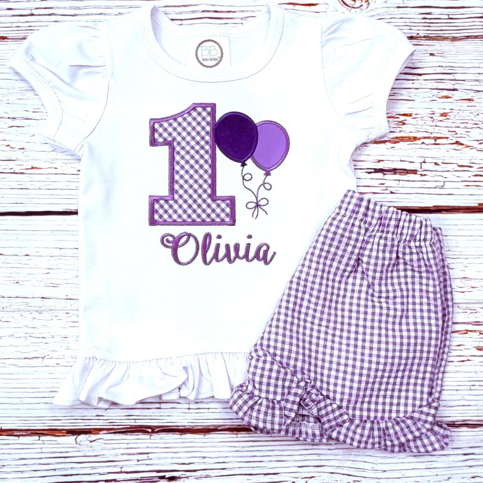 Personalized Balloon 1st Birthday Outfit: Lavender Gingham Ruffle Set