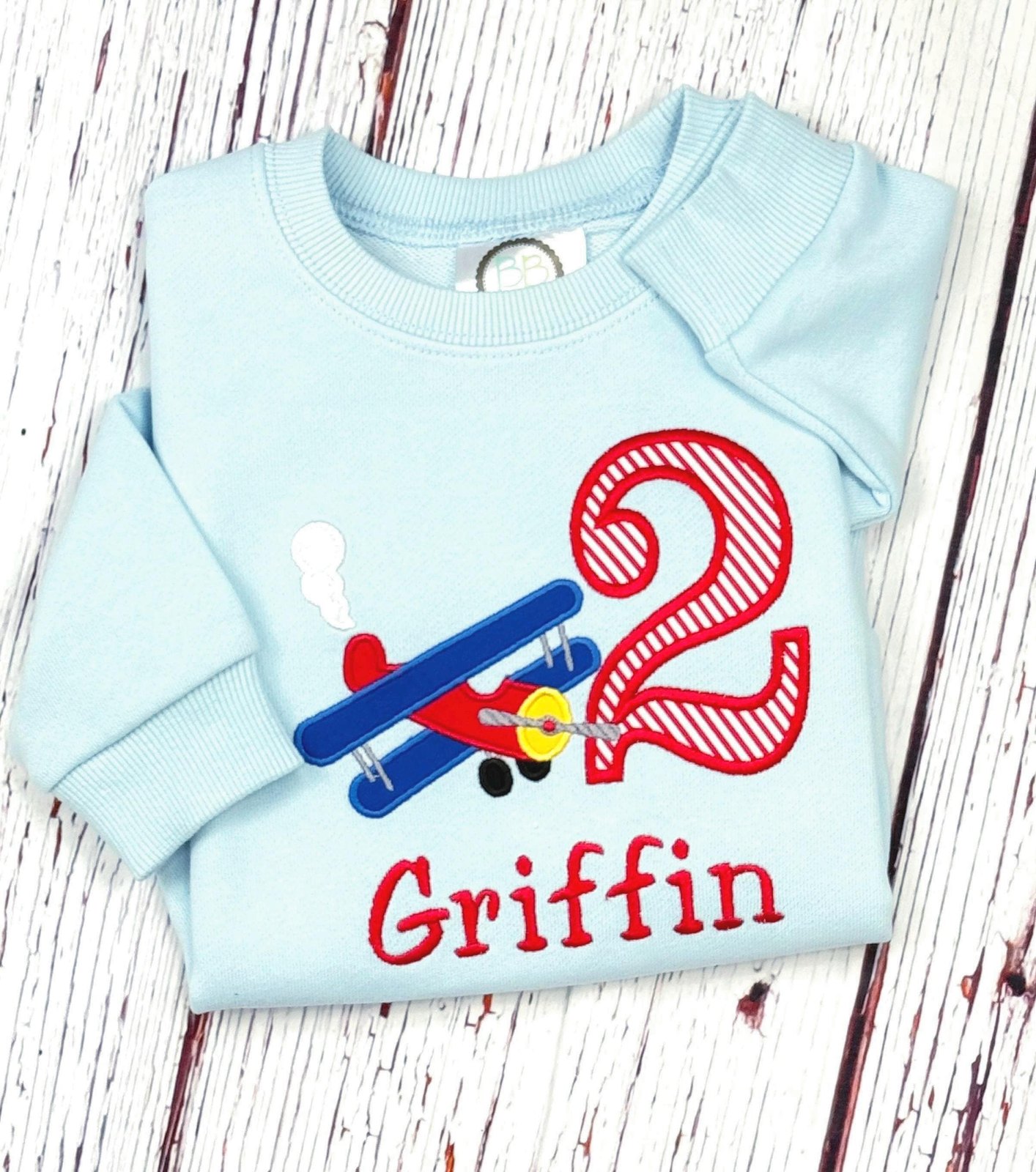 Airplane 2nd Birthday Sweatshirt: Personalized Embroidered Bi Plane Shirt