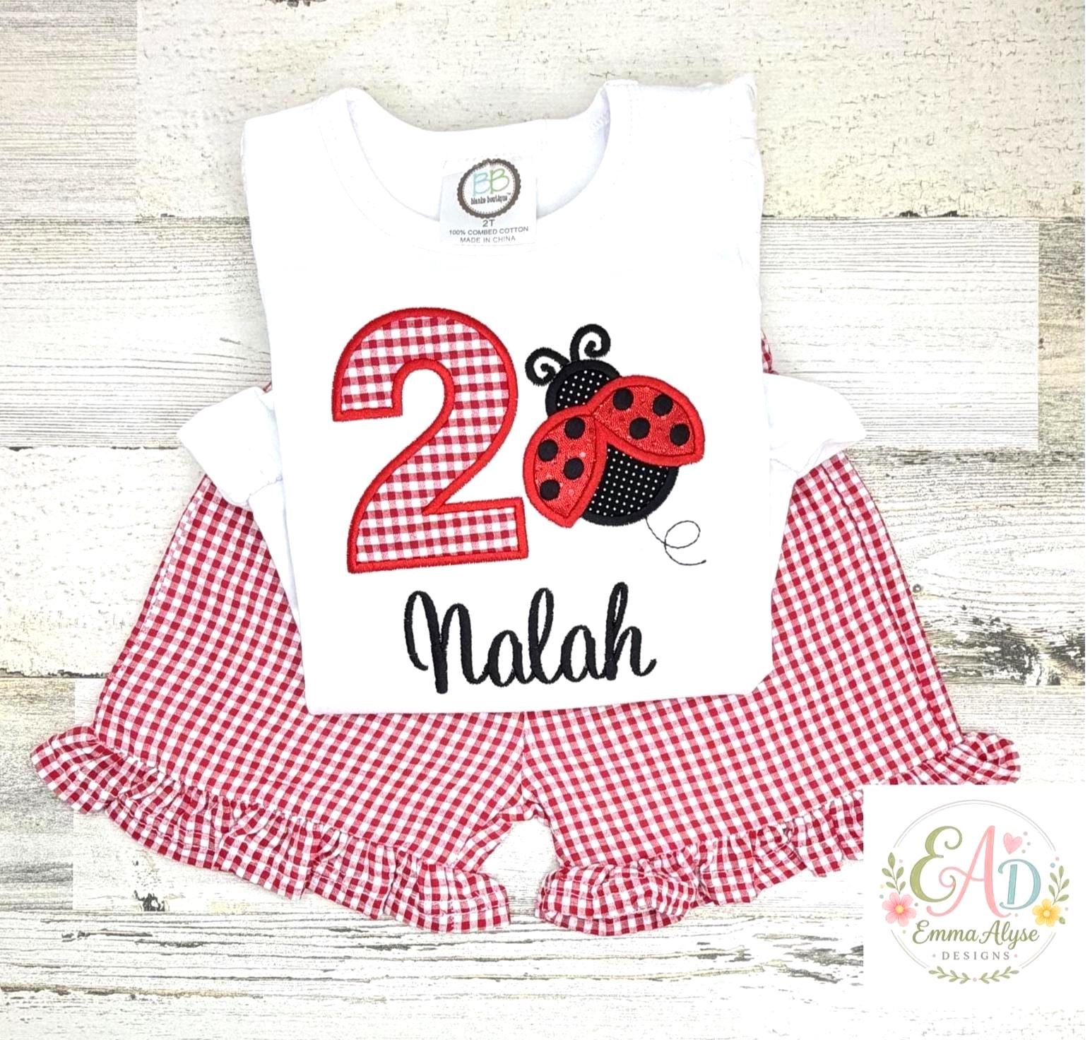 Ladybug 2nd Birthday Outfit, Personalized Embroidered Shirt, Girls Gingham Short Set