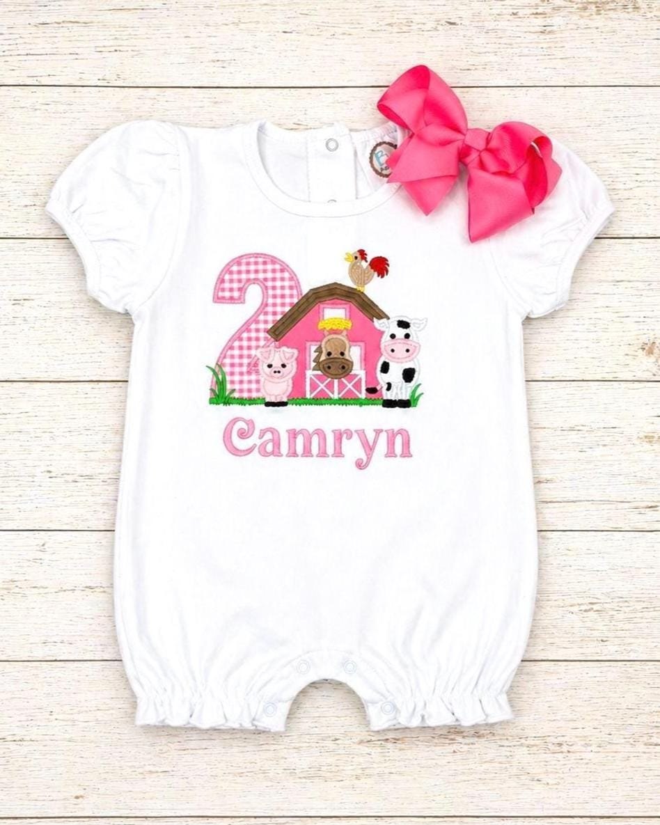Farm Birthday Romper: Personalized Barnyard Party Outfit, Embroidered Farm Animals