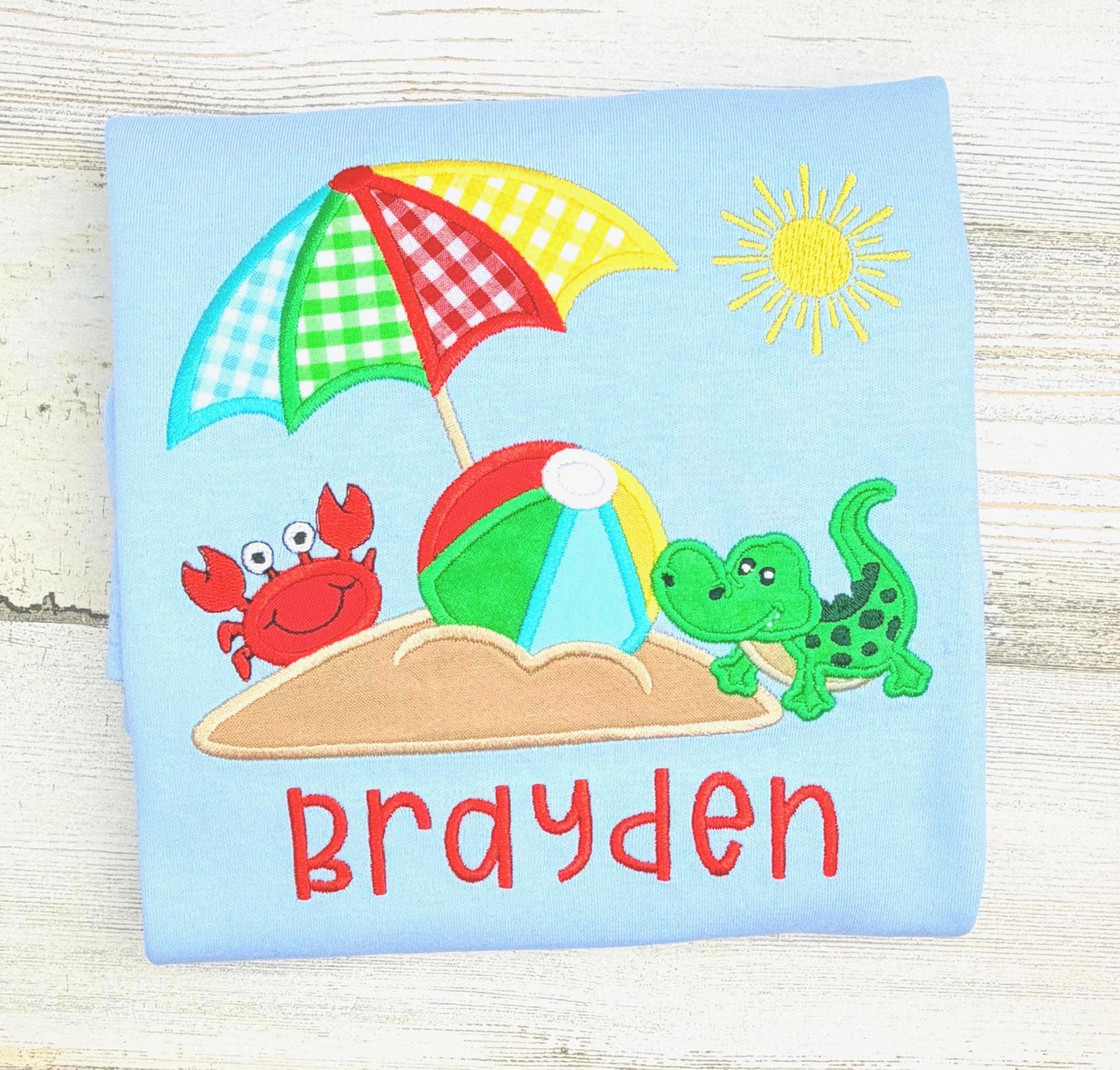Summer Beach Romper, Personalized Outfit, Embroidered Crab Alligator Tee