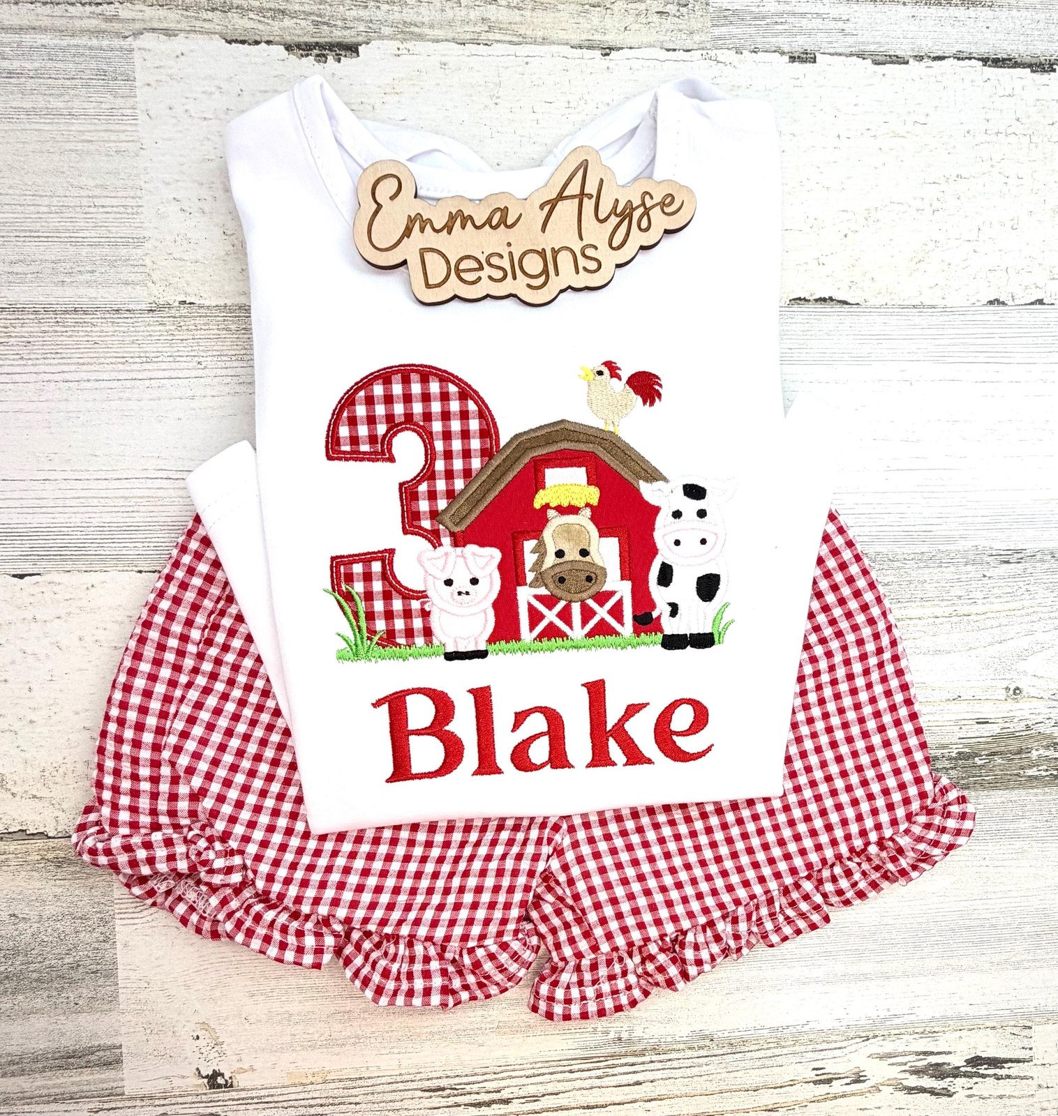 Farm 3rd Birthday Outfit Girl, Personalized Barnyard Birthday Shirt, Gingham Shorts Set