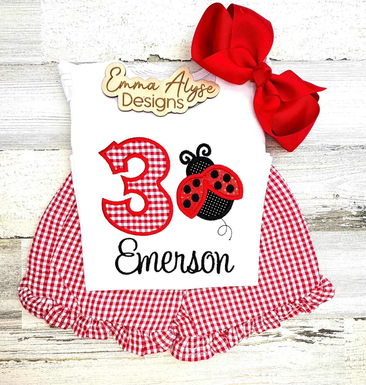 Ladybug 3rd Birthday Outfit, Personalized Birthday Shirt, Embroidered Girls Gingham Short Set