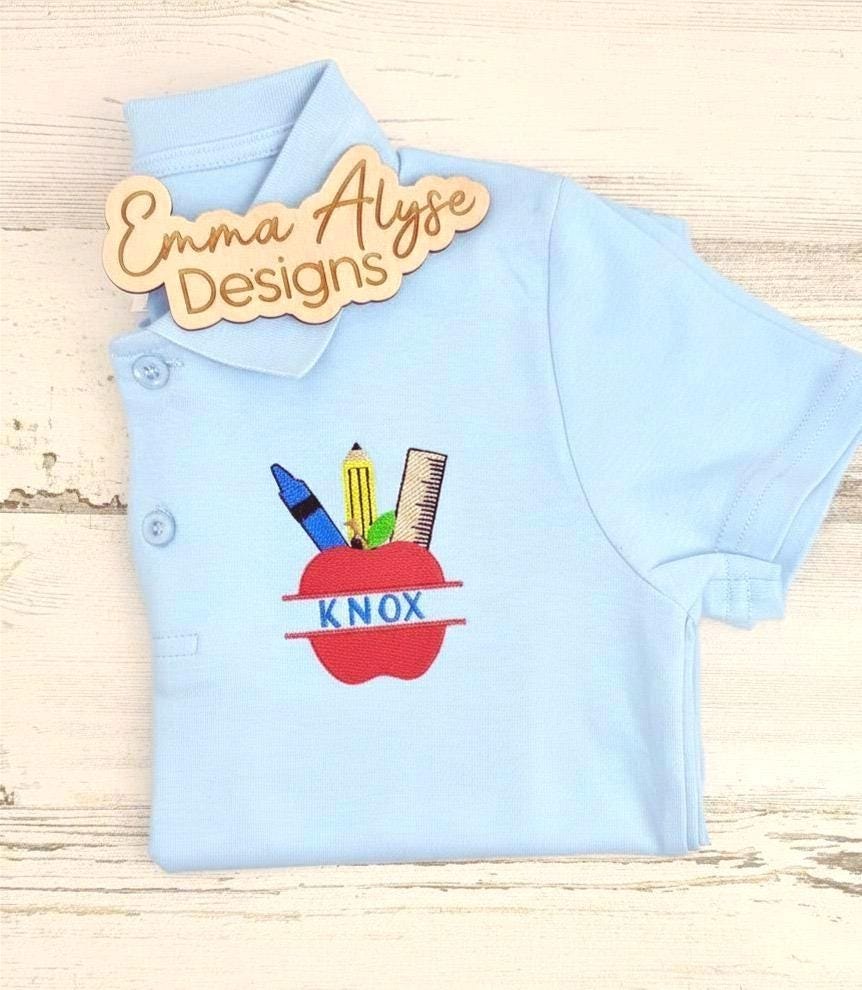 Back To School Polo Shirt, Personalized Embroidered Apple School Supplies Left Chest