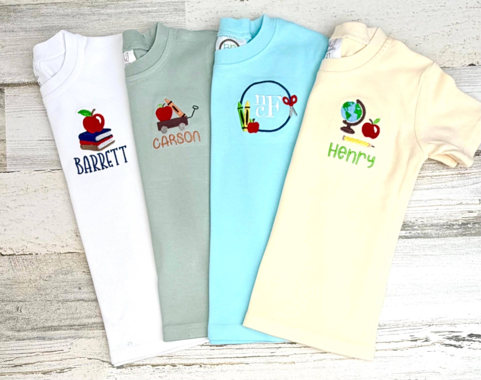 Embroidered Boys School Shirt, Custom name Apple Wagon School Supplies Bus