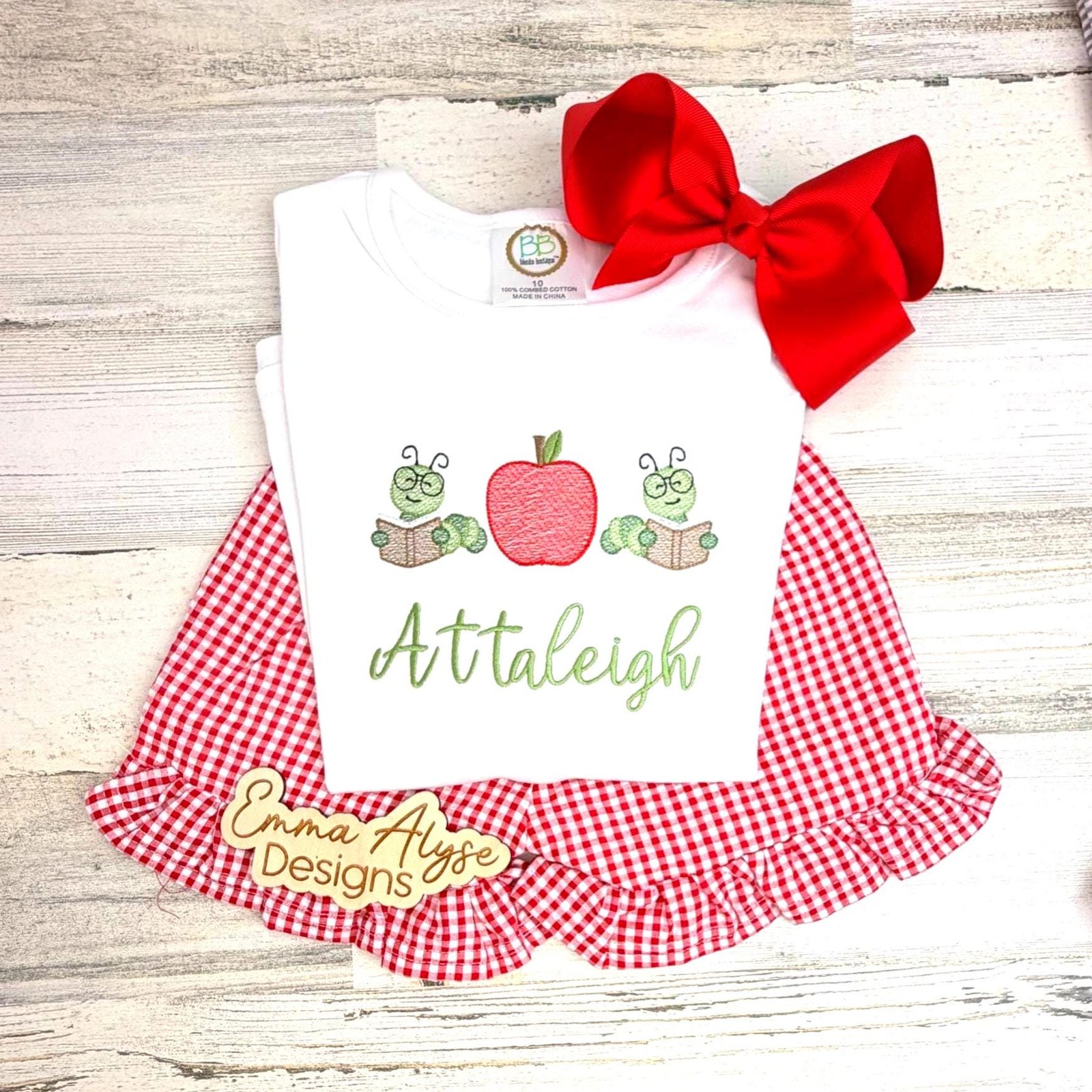 Embroidered Bookworm Apple Shirt, First Day Preschool Kindergarten Outfit