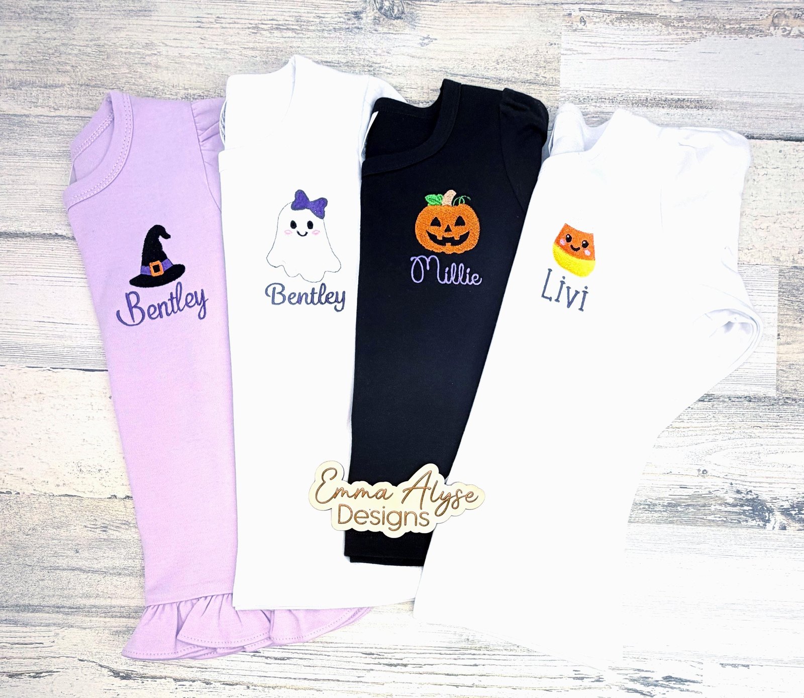 Personalized Halloween Shirt for Girls, Embroidered Ghost Pumpkin Witch Hat Candy Corn Kids Shirt