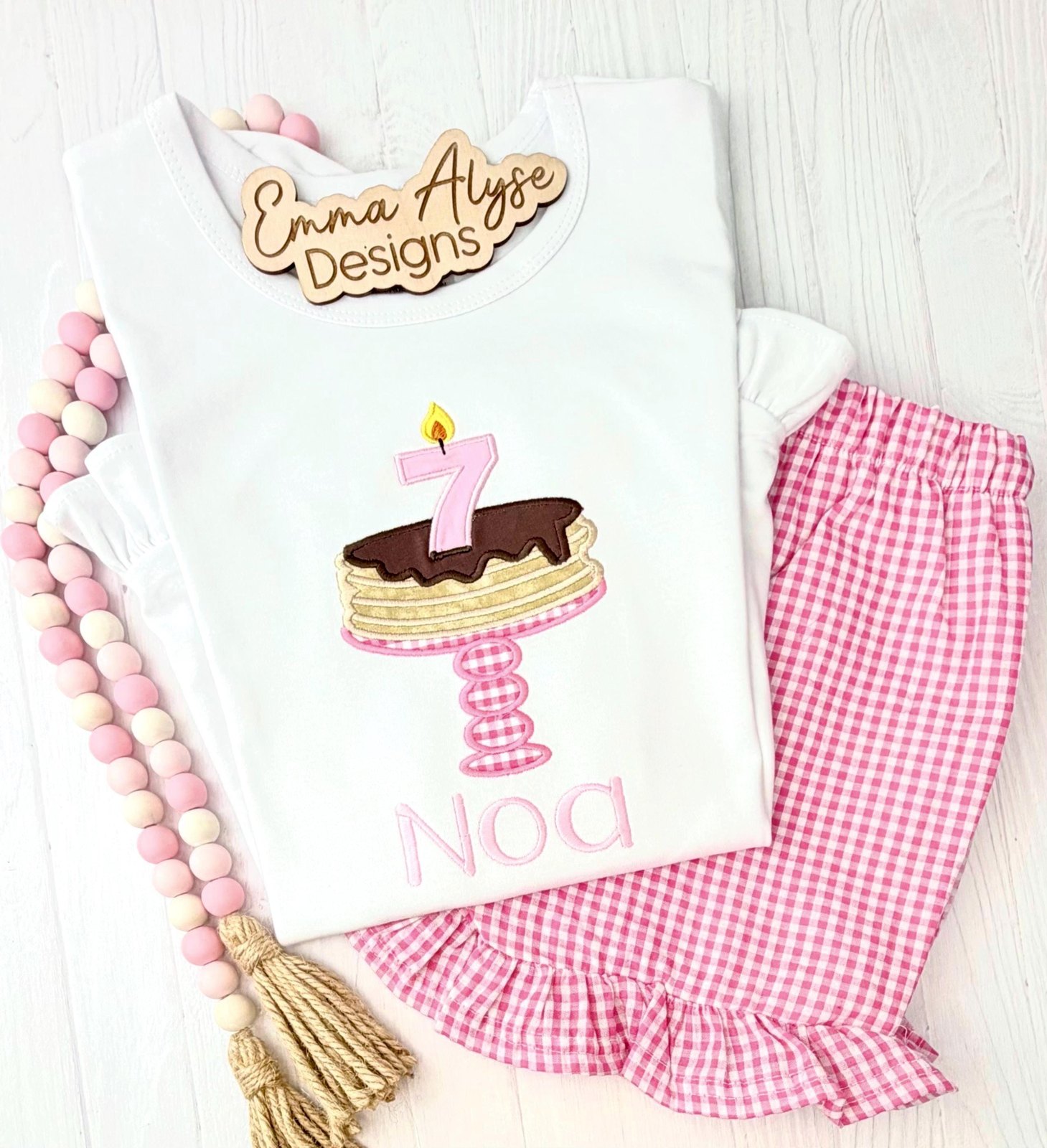 Personalized Embroidered Pancake Birthday Shirt, Gingham Cake Stand Design