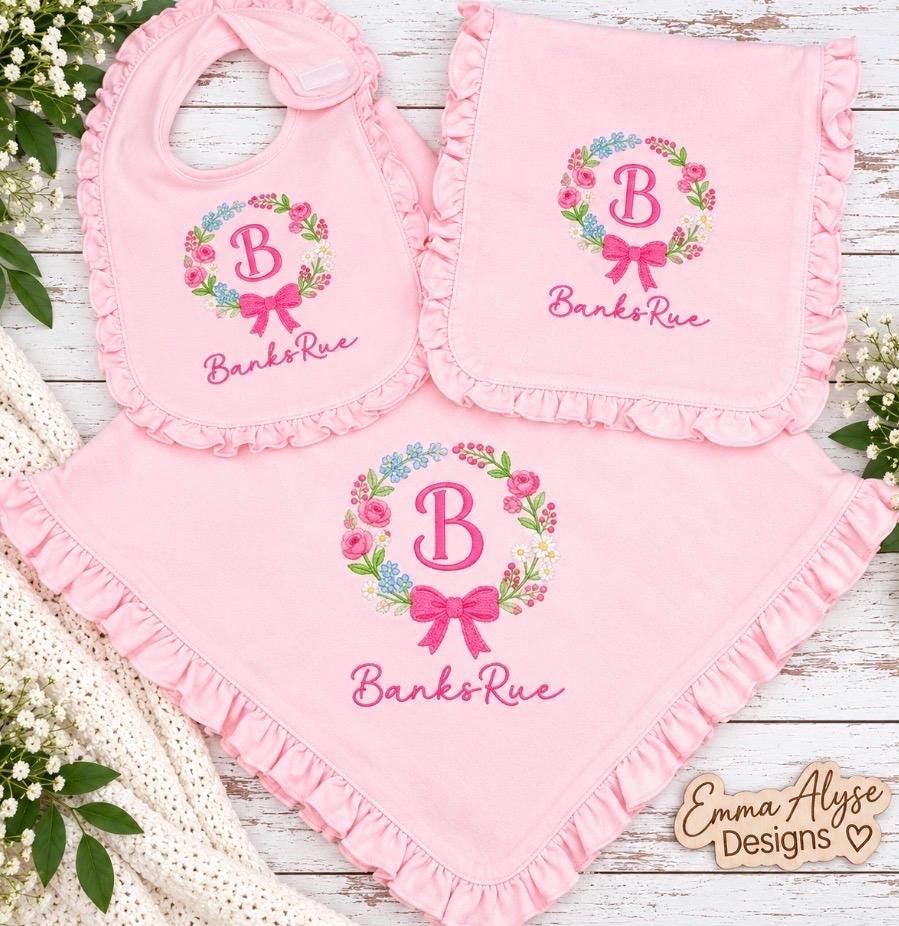 Personalized Embroidered Baby Gift Set, Floral Monogram Blanket, Bib, Burp Cloth
