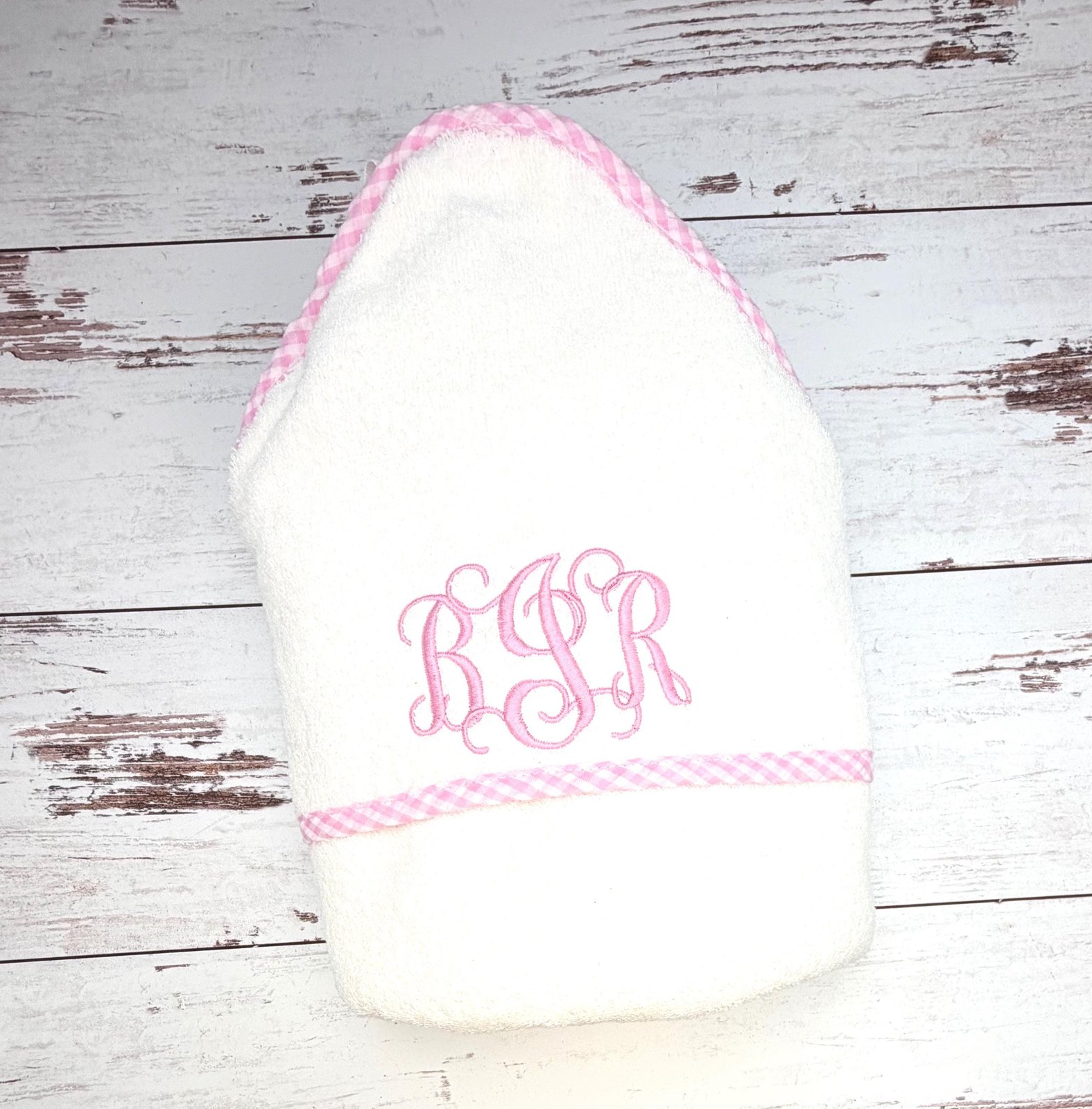 Personalized Monogrammed Hooded Baby Towel, Pink or Blue Gingham Trim