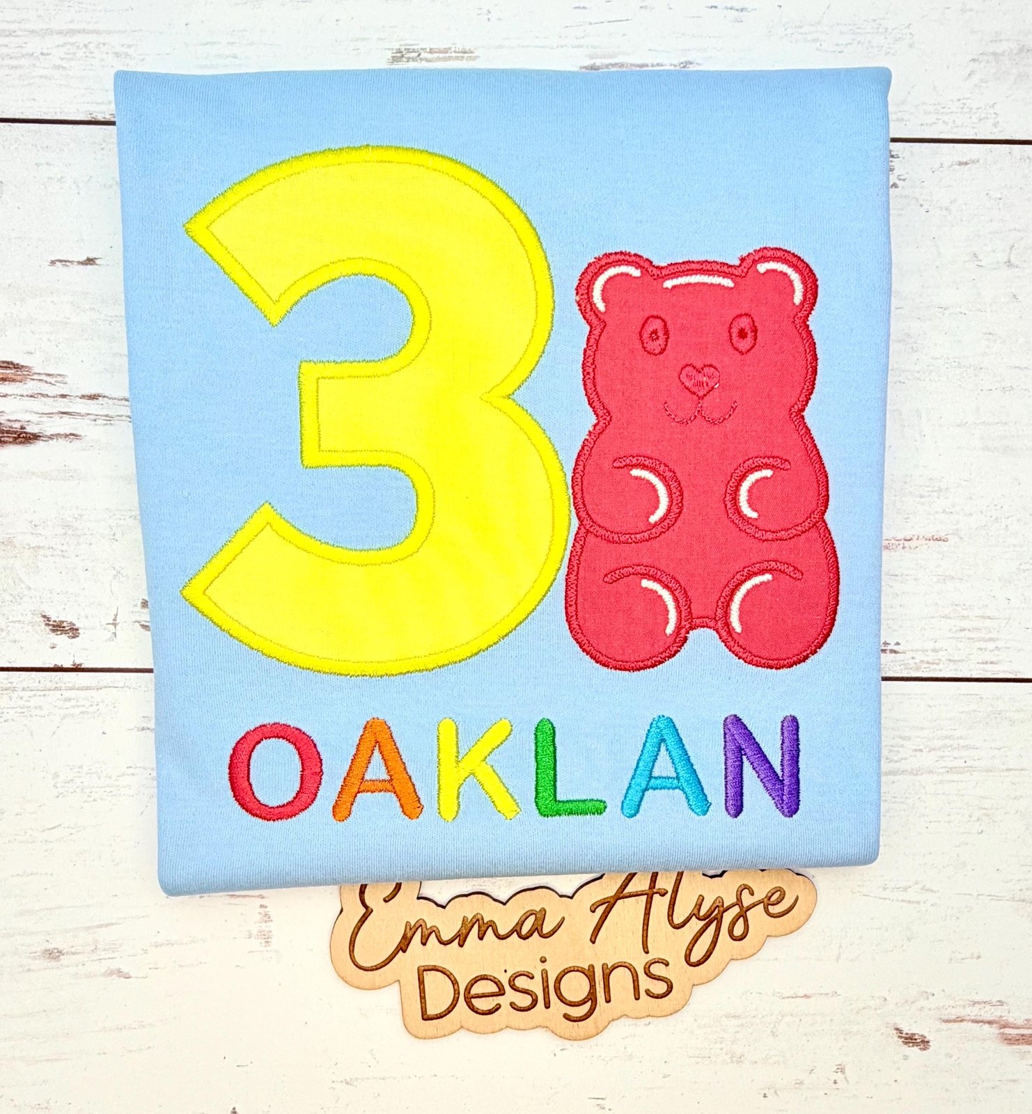 Personalized Gummy Bear Birthday Shirt, Embroidered Name & Number Tee