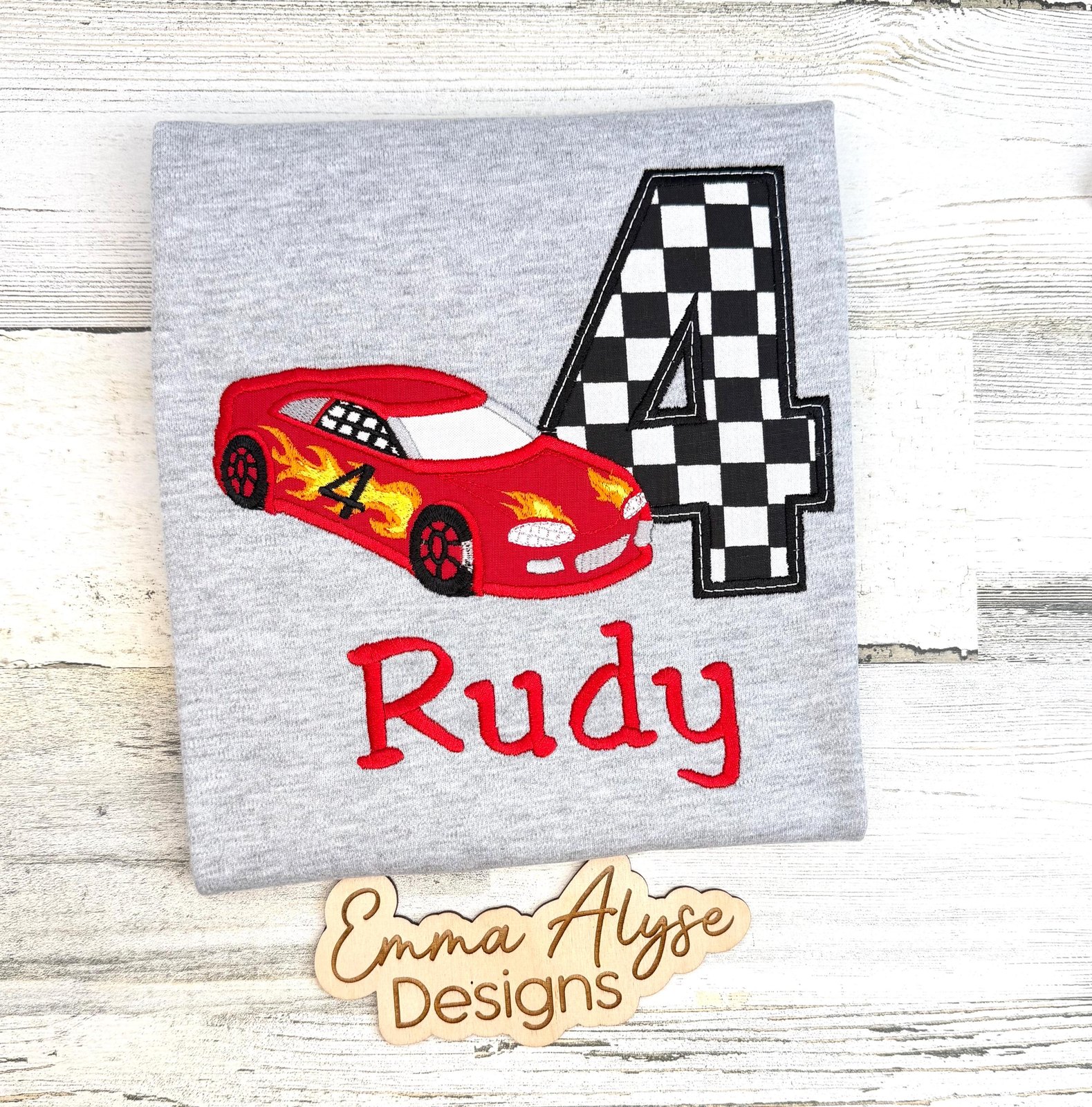 Embroidered Race Car 4th Birthday Shirt: Personalized Car Party Tee