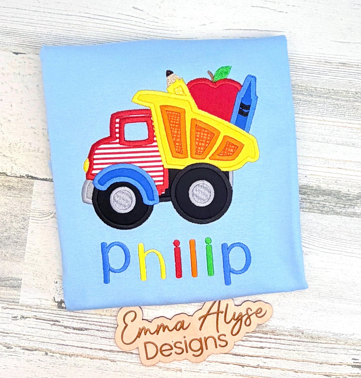 Embroidered Back to School Shirt: Dump Truck, Crayon, Personalized