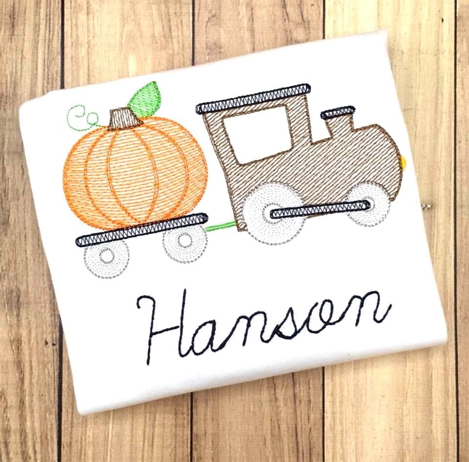 Personalized Pumpkin Train Shirt, Embroidered Fall Design, Boys Thanksgiving Tee
