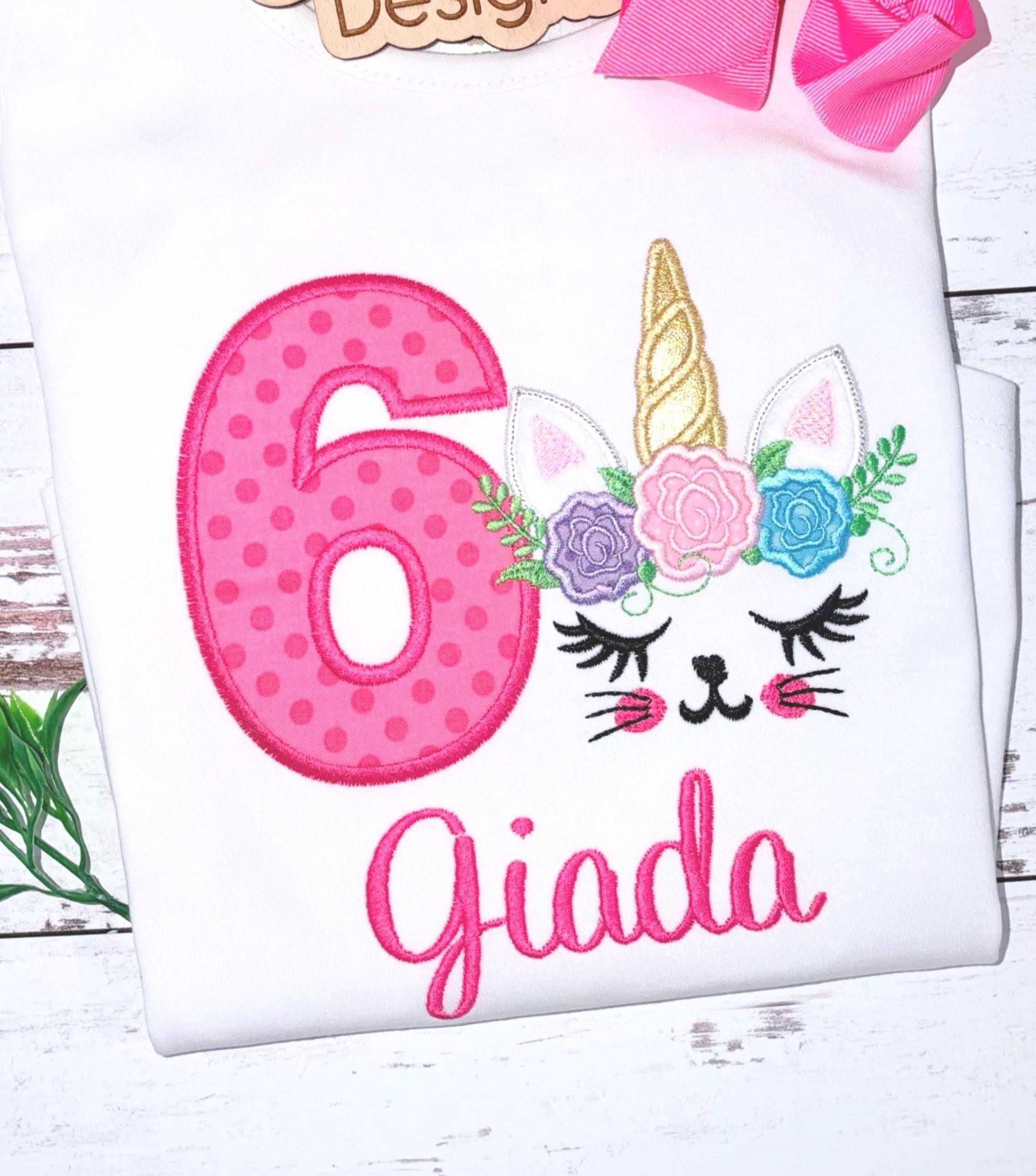 Cat Birthday Shirt: Embroidered Unicorn Tshirt, Personalized Girls Tee