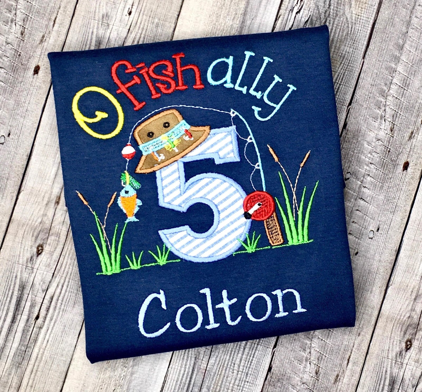 Embroidered Ofishally 5 Birthday Shirt: Fishing Party, Customize Name and Age