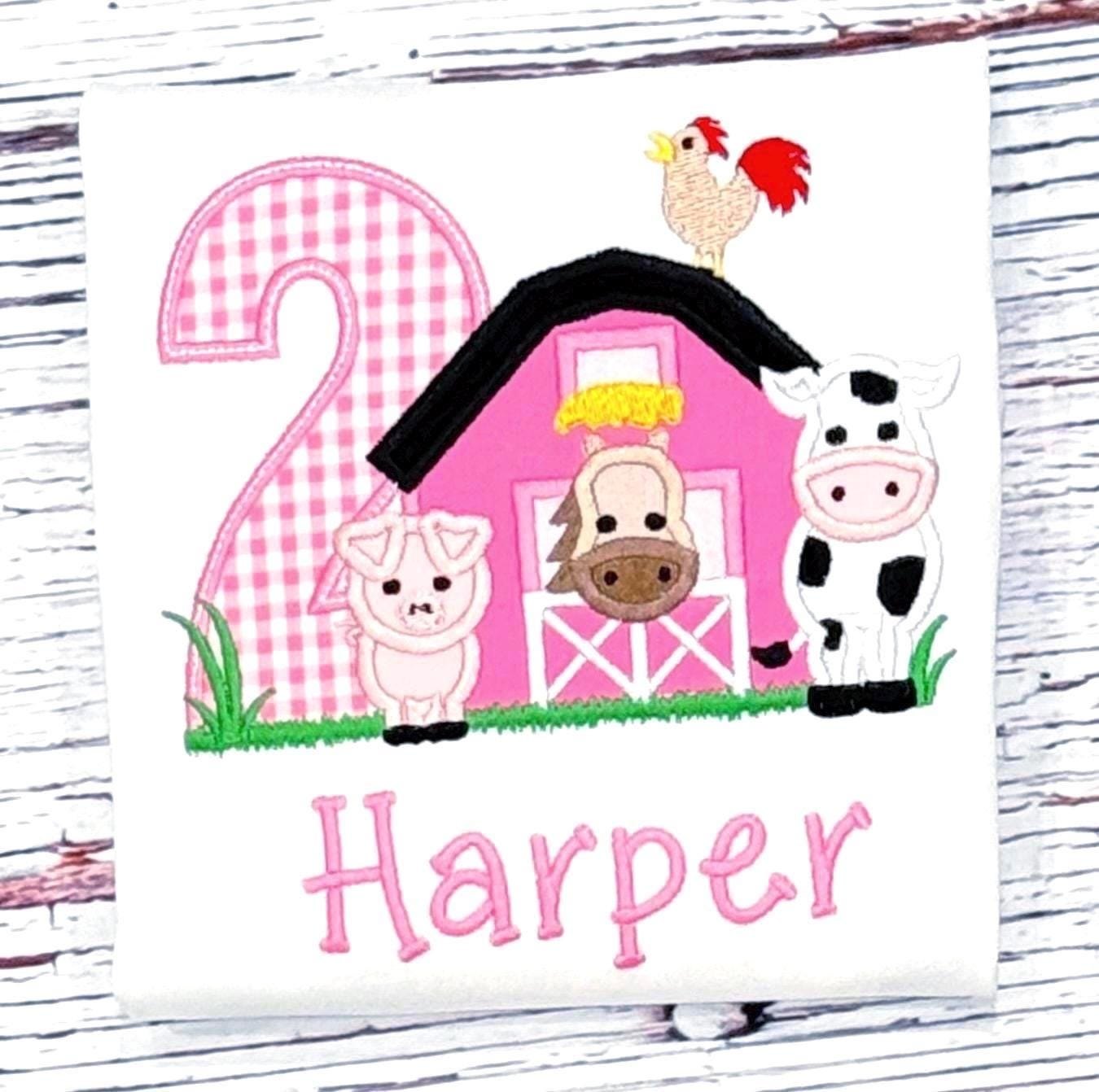 Girls Farm Birthday Shirt: Pink Barnyard Animal Outfit, Custom Age