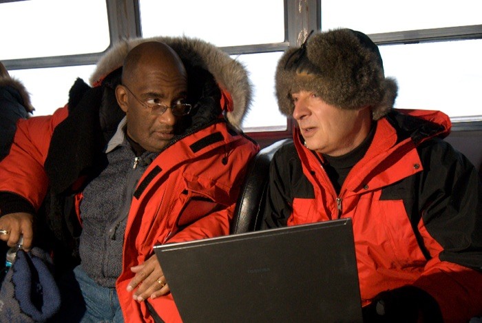 TV personality Al Roker and David Vaskevitch discussing all things polar bears on a Tundra Buggy in Churchill, Manitoba. 
