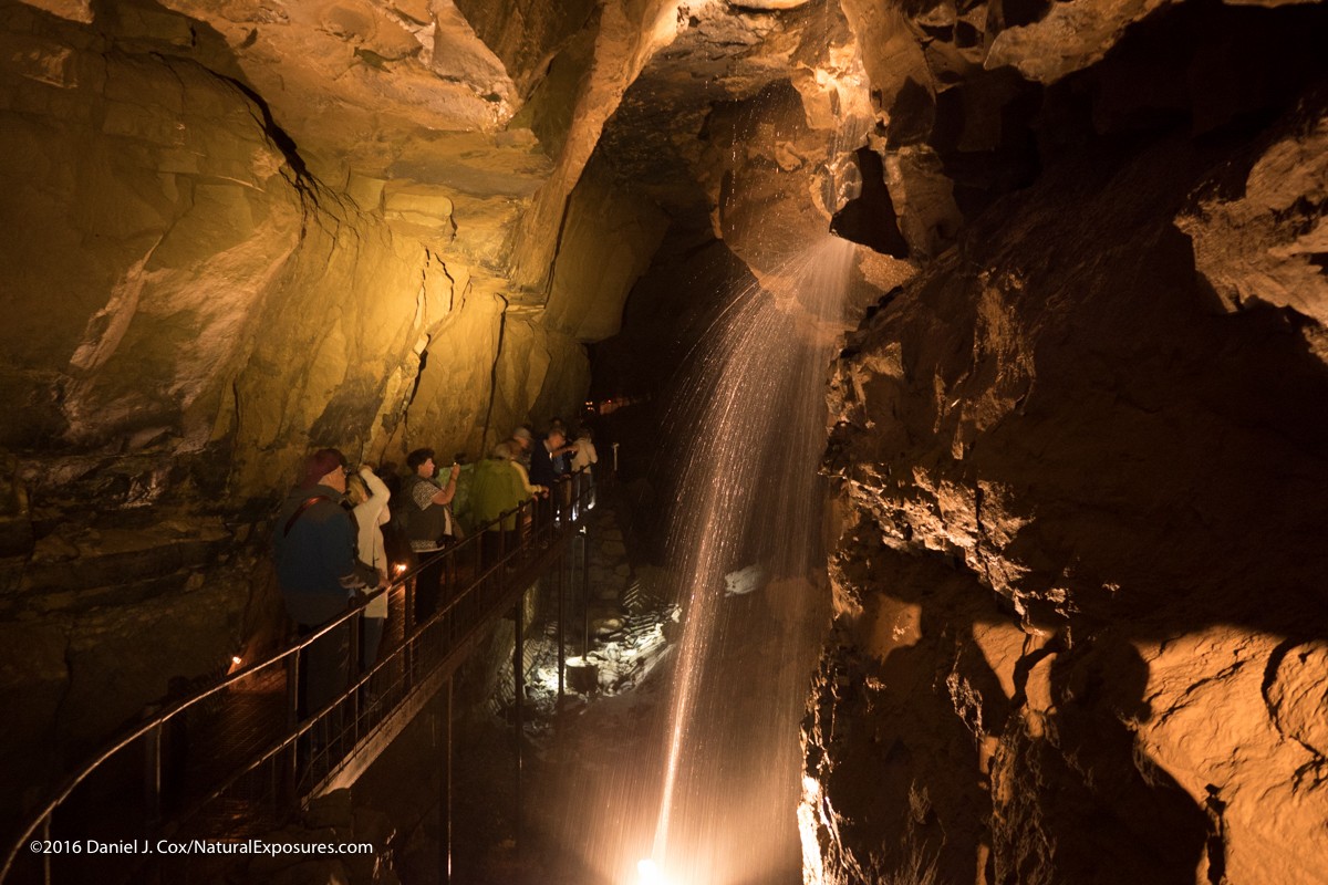 An underground waterfall in Aillwee Cave. Image was taken hand held with the Lumix GX8 at 1/4 of a second at F/1.4 ISO 1600