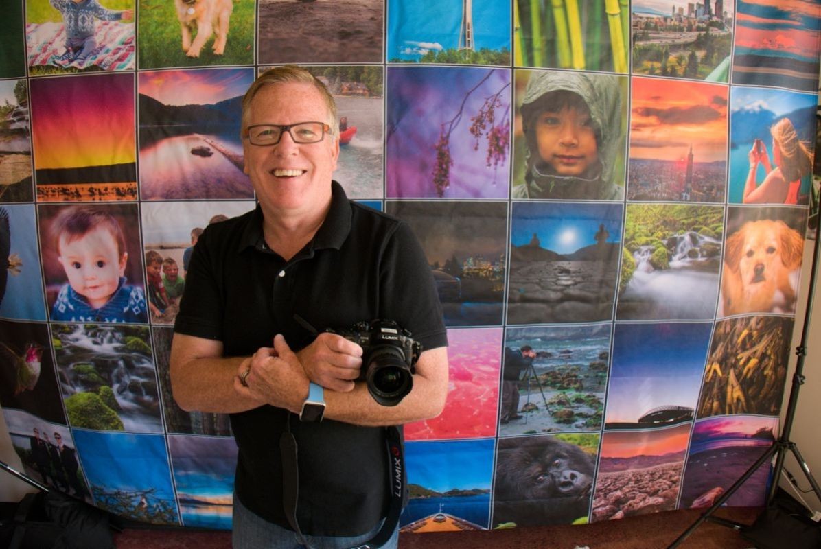 Kevin hams it up in front of the Mylio video background. Seattle. Washington.