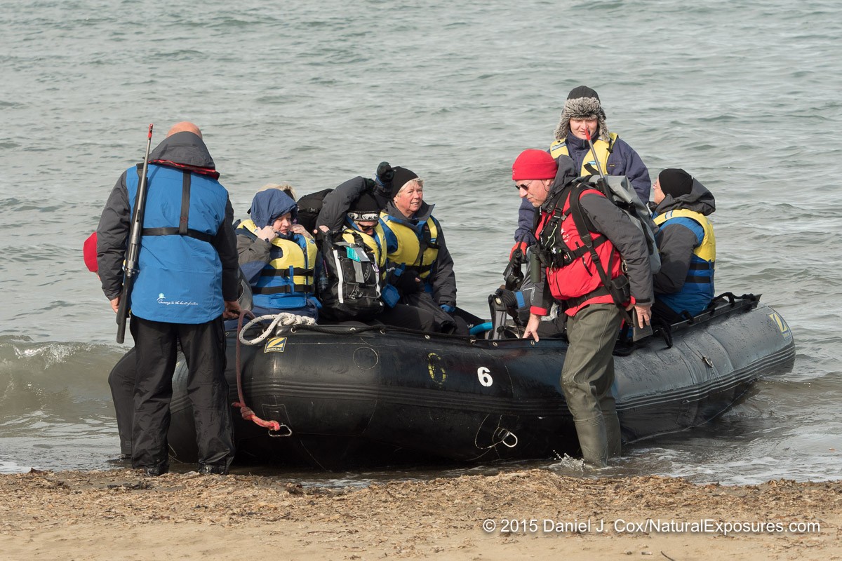 A Zodiac full of our Explorers arriving at Kapp Lee on Edgeoya Island, Svalbard, Norway.