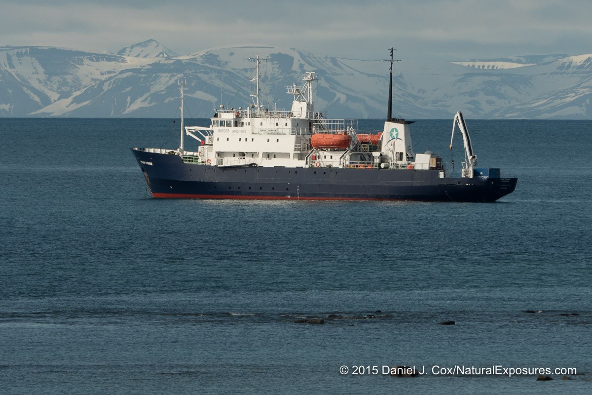 Our ship anchored in the bay near Kapp Lee, in Freemansundet, Svalbard, Norway. Lumix GH4 with Olympus 40-150mm F/2.8 and 1.4X teleconverter