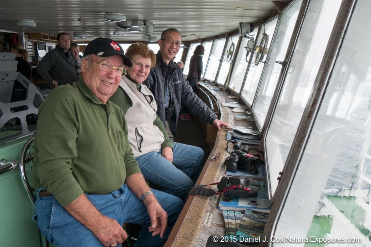 Jim, Lynn and Wayne on the bridge of the polar pioneer, Svalbard, Norway. Lumix G7 with 14-140mm zoom.