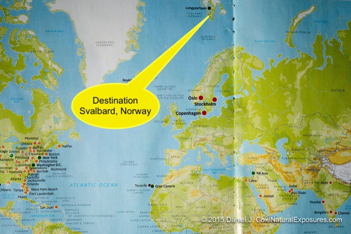 A map of the world showing where Svalbard is in relation to almost everywhere else.