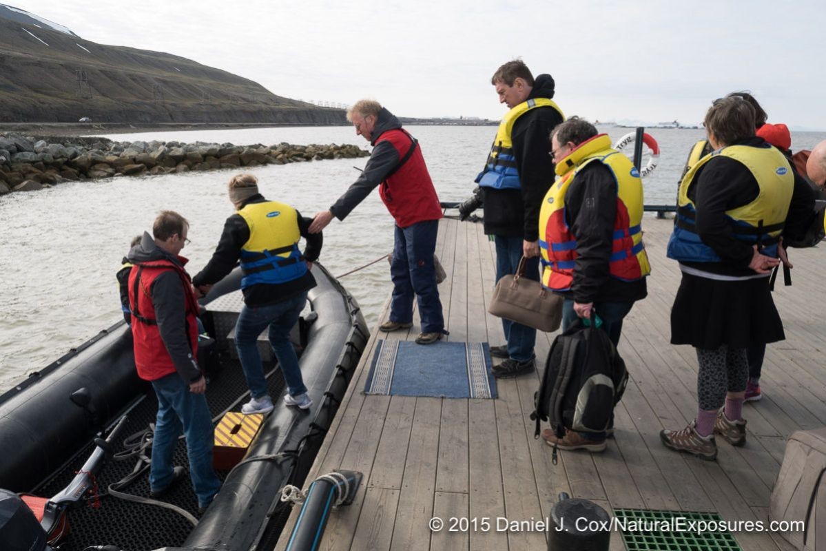 Getting in for our first Zodiac ride to the ship. Longyearbyen, Norway.
