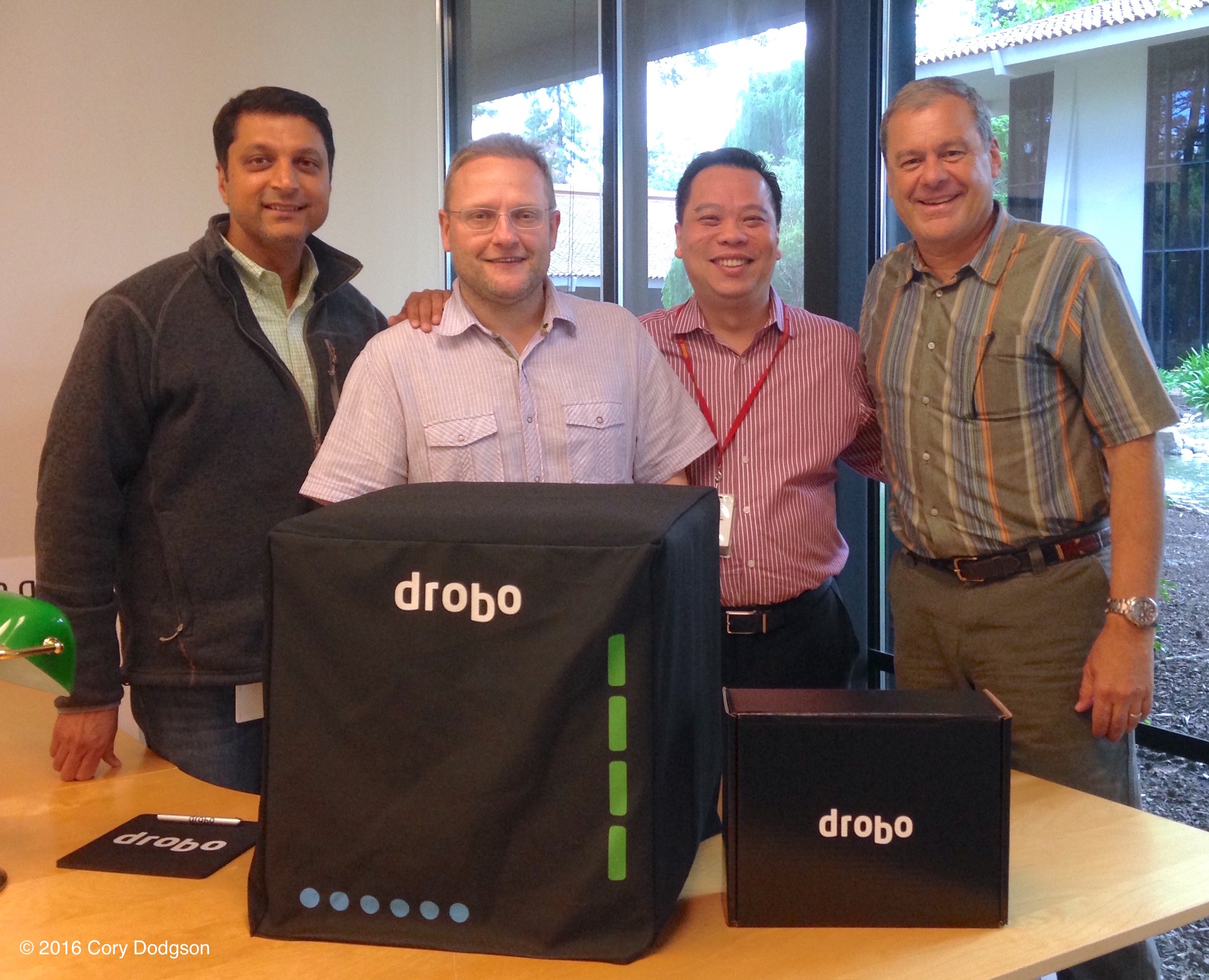 Drobo Ceo Mihir Shaw, CTo Rod Harrison, VP of Sales Tom Wong and Daniel Cox at Drobo headquarters in San Jose, Ca. 