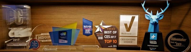 The collection of 9 awards the Lumix GH5 took home at the recent 2017 CES show in Las Vegas.