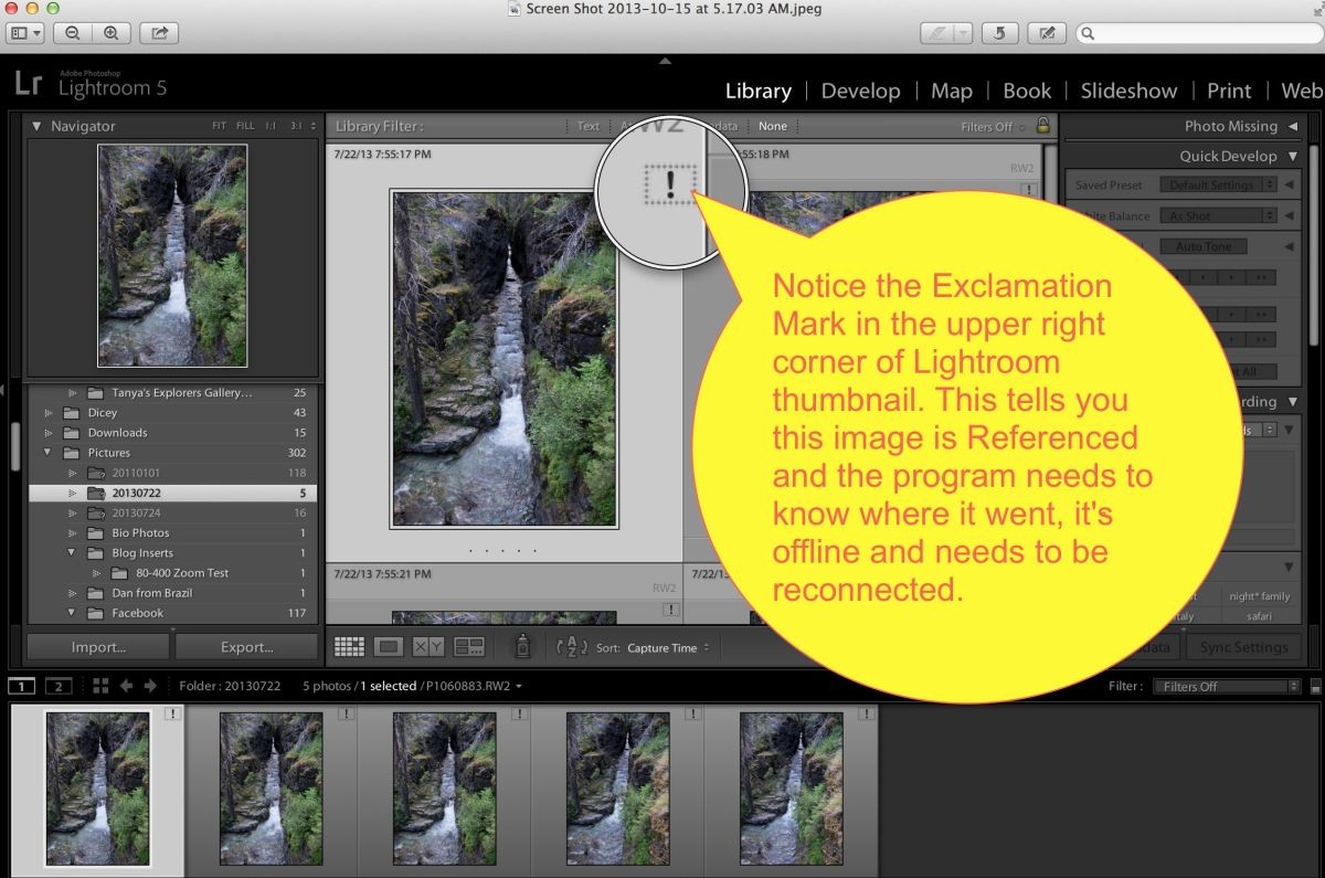 Lightroom shows an Exclamation mark in the upper right corner of the thumbnail to signify file is Referenced and Offline. 