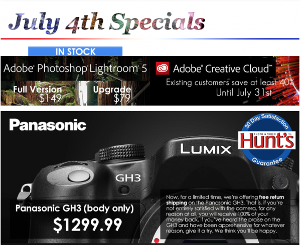 Hunt's photo has some special's on the Panasonic Lumix line I'm very fond of. The GH3 is an amazing camera for travel photography. Take a look at the link below for a Blog I did on shooting the GH3 on my last trip to Kenya.