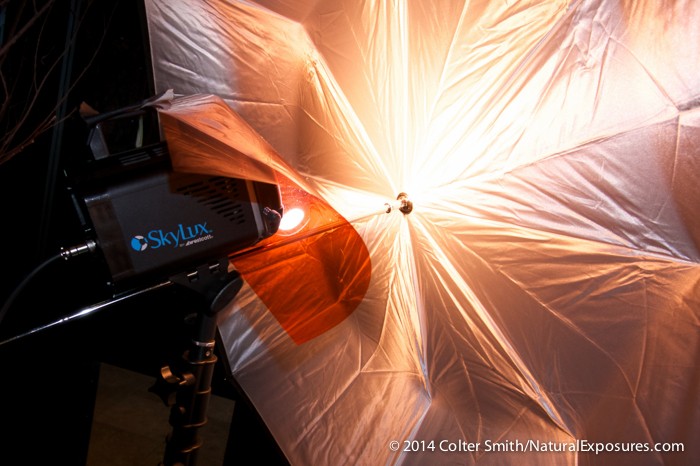 The SkyLux fired with an umbrella has a warming filter attached to the front of the light to better match the ambient  lighting in the room we were working under. Locati Architects, Bozeman, Montana