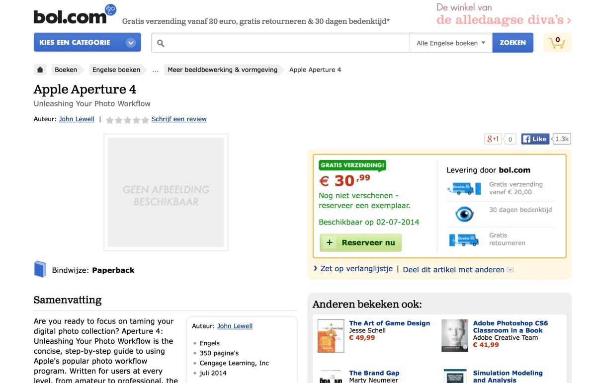 Screen shot of the bol.com web site announcing the coming book on Aperture 4.