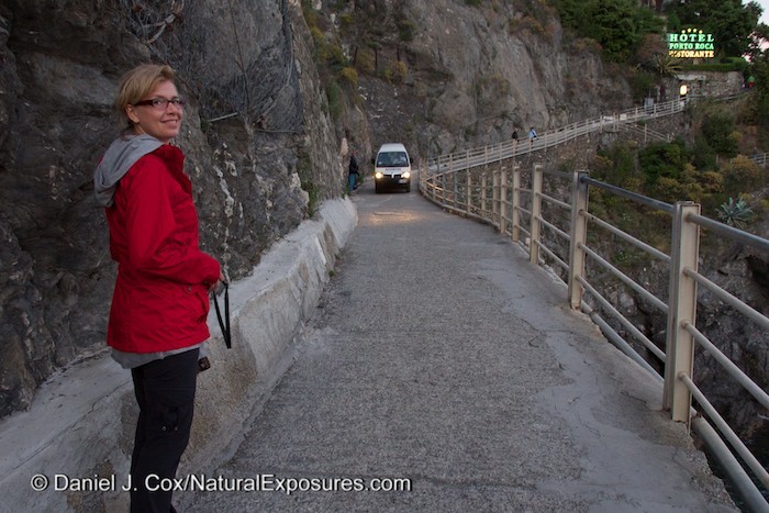 Yep, that's the road to our hotel in Monterosso. That's the four wheeled over sized wheel barrow with an engine. Tanya was wiring for it get closer before she had to pull herself up on the left edge so the van could pass. A road something similar to one of my favorite toads in the world "Going to the Sun road" in Glacier national Park. 