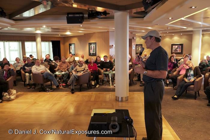Me speaking to a group of enthusiast photographers at one of our afternoon lectures onboard the Seabourn Quest.
