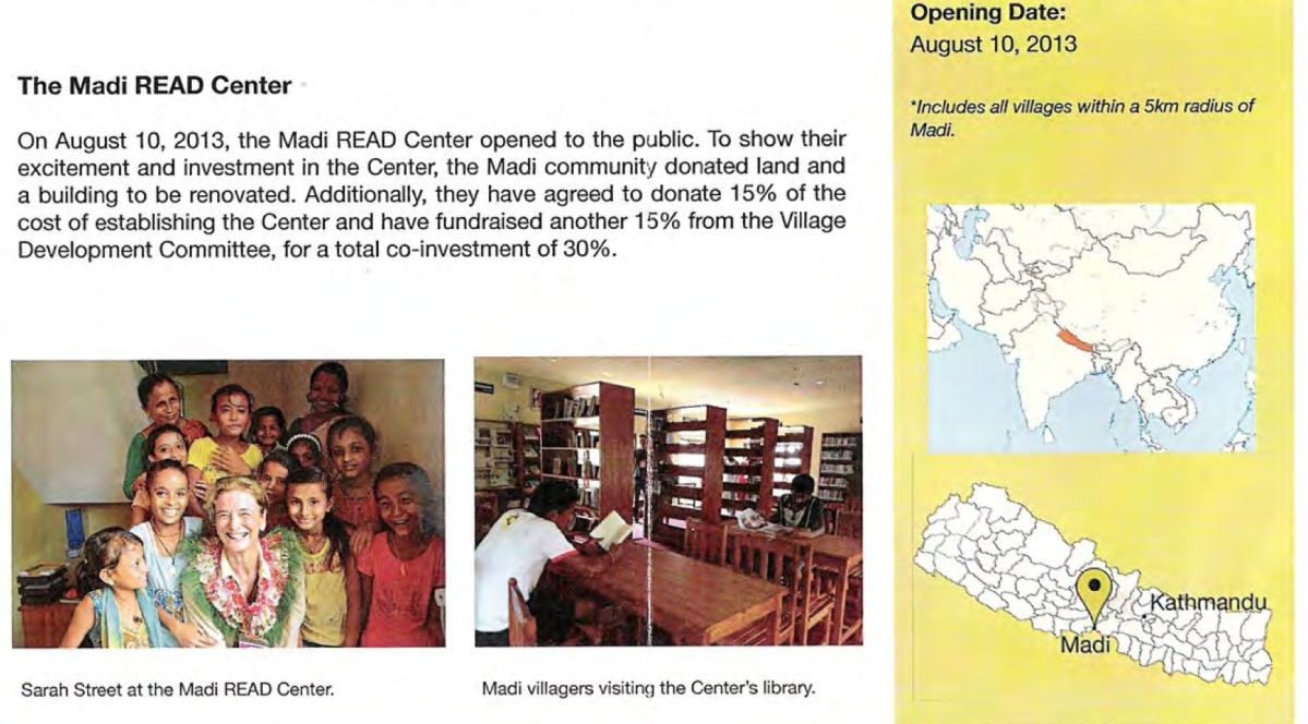 A photo of part of the Read Global Progress Report sent out to donors showcasing the Madi Read Center. 