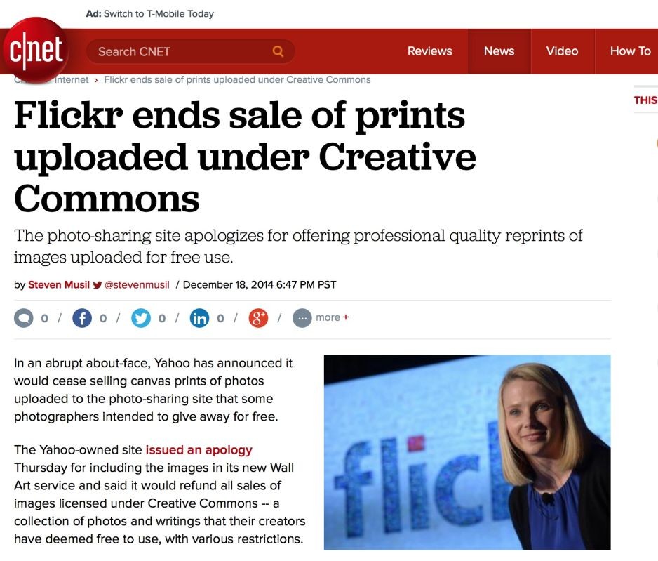Cnet reports Flickr and Yahoo have caved on selling Creative Commons photos as prints. 