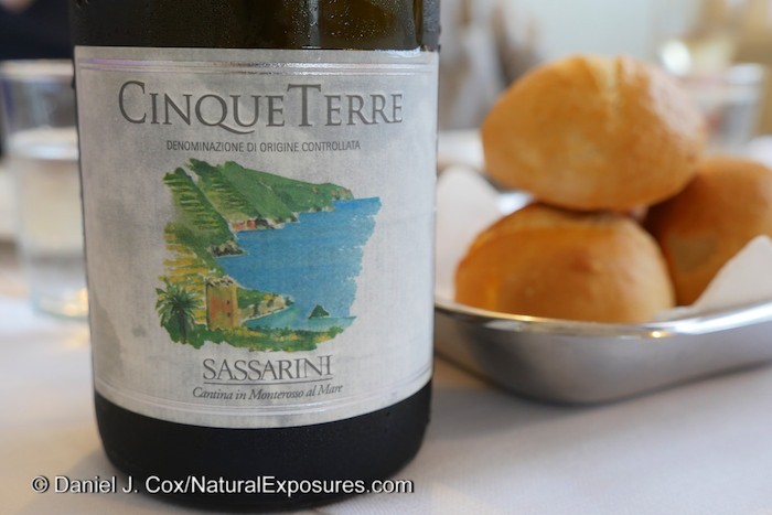 A bottle of wine from the local vineyards on our table at Marco's family's restaurant known as Tistorante Pasquale Apertivo, Monterosso