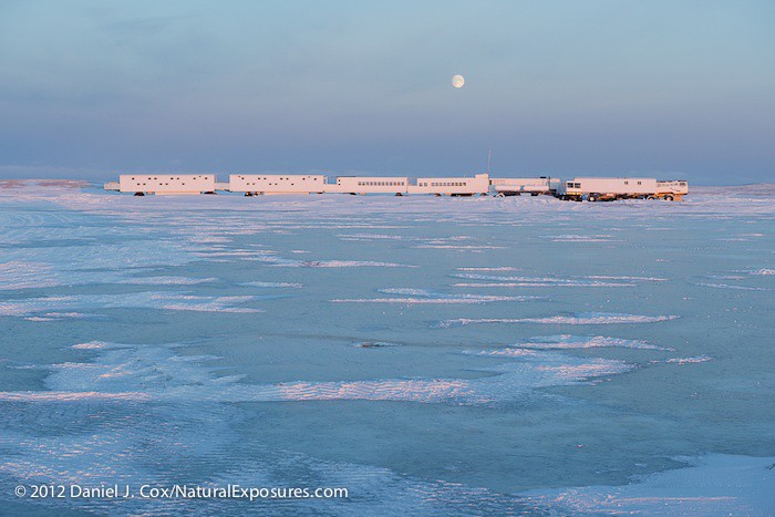 The moon rises over the Tundra Buggy lodge at Cape Churchill, on Hudson Bay, Manitoba.