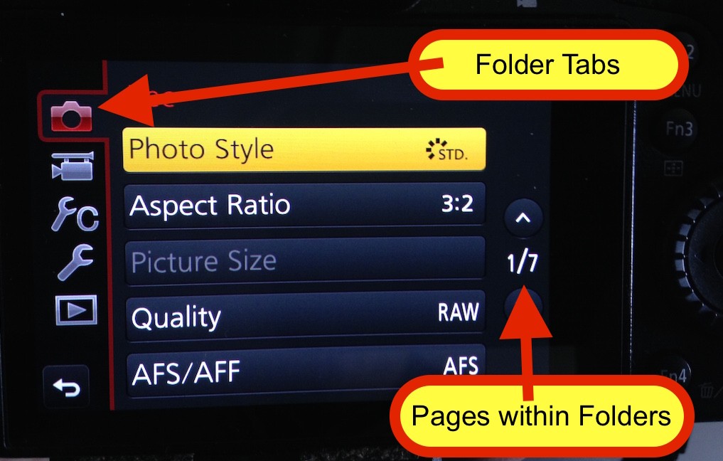 Panasonic's menu setup is easy to follow and straightforward with the left side tabs being folders that related to different parts of the camera. This first tab is for the Record mode for still photos which my large arrow covered up.