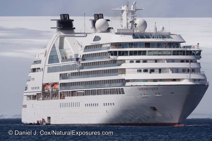 A zodiac pulls up along side the Seabourn Quest in Admiralty Bay, Antarctica.