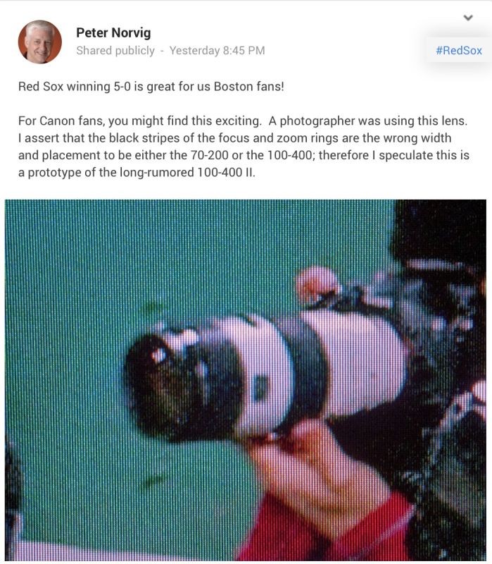 Could this be the new Canon 100-400mm zoom lens. If so it looks like it may have retained the often disliked push/pull zoom mechanism. 