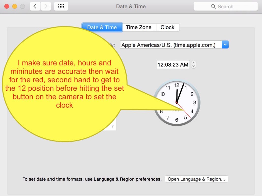 Setting mu camera clocks to all be exactly the same via my Mac's clock window. 