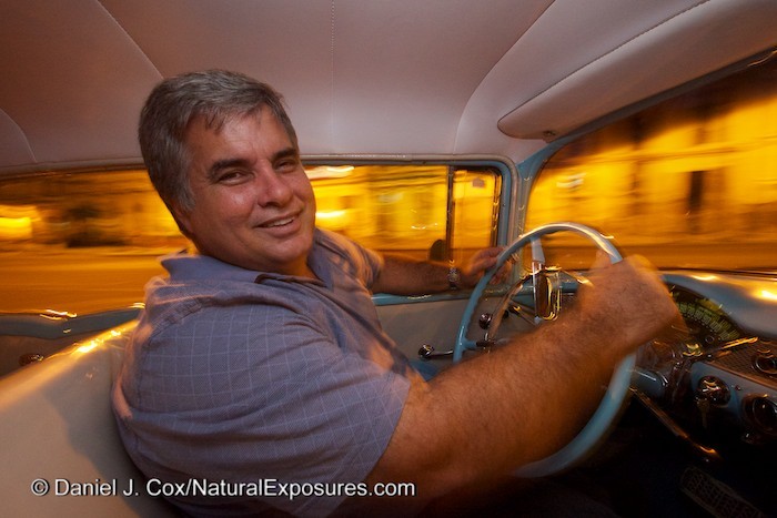 Julio at the wheel of his baby blue, 1955 Chevy Bel Air on our way to dinner in the heart of Havana, Cuba